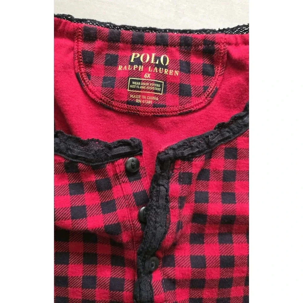 Ralph Lauren Polo Shirt Girl SZ 6X Cotton Long Sleeve Buffalo Plaid Sleep PJ Top